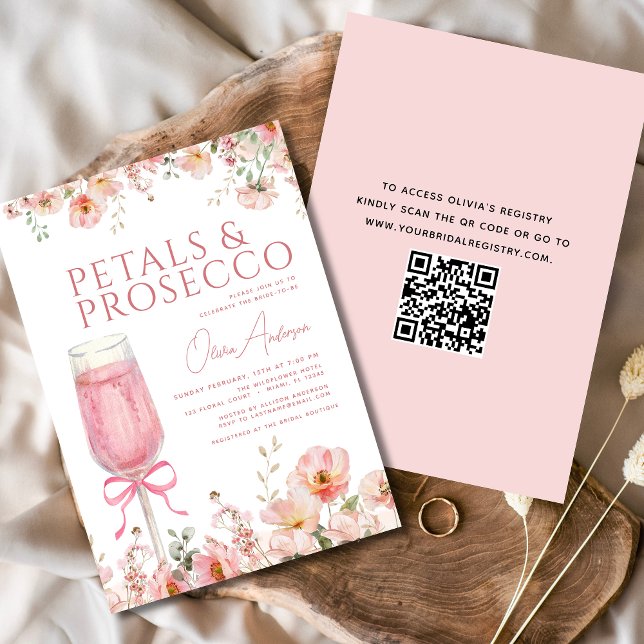 QR Code Petals & Prosecco Pink Bow Brautparty Einladung (Von Creator hochgeladen)