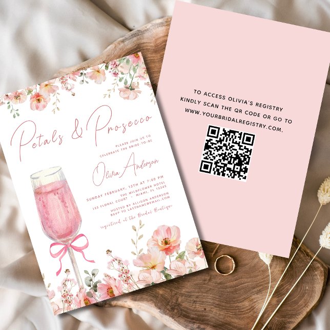 QR Code Petals & Prosecco Pink Bow Brautparty Einladung (Von Creator hochgeladen)