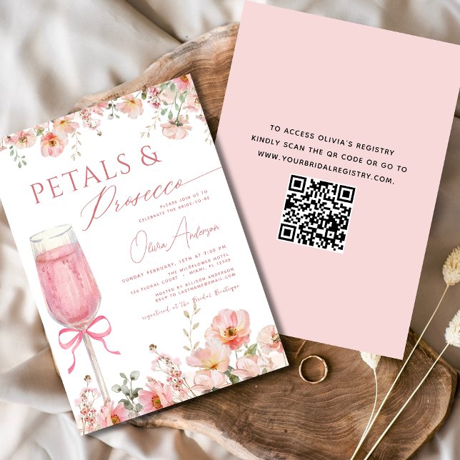 QR Code Petals & Prosecco Pink Bow Brautparty Einladung (Von Creator hochgeladen)