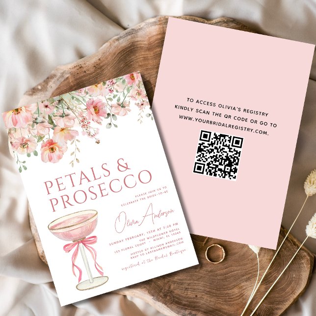 QR Code Petals & Prosecco Pink Bow Brautparty Einladung (Von Creator hochgeladen)