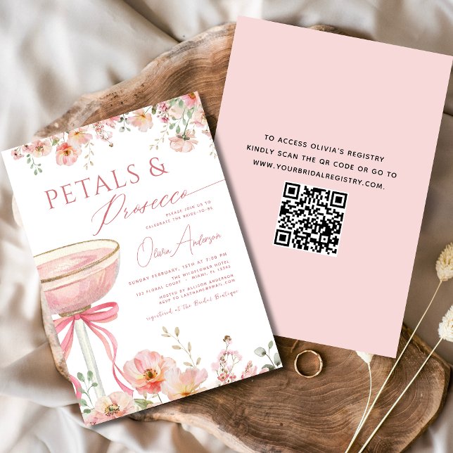 QR Code Petals & Prosecco Pink Bow Brautparty Einladung (Von Creator hochgeladen)