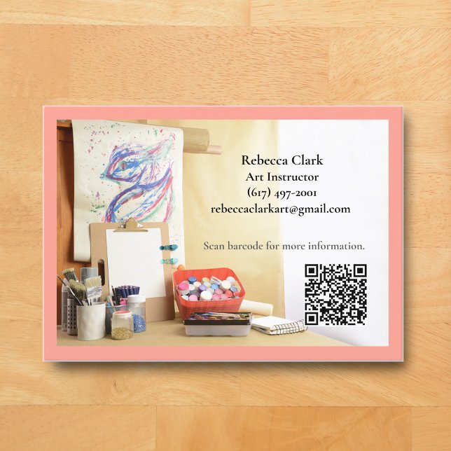QR-Code Pfirsich-Rosa Kunstlehrer Tutor Kunstunter Visitenkarte (Peach Pink Art Classroom Business Card for Teacher )