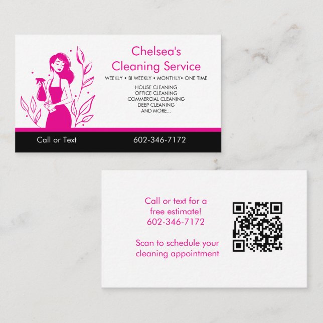QR-Code Pink House Cleaning Service Unternehmen Visitenkarte (Vorne/Hinten)