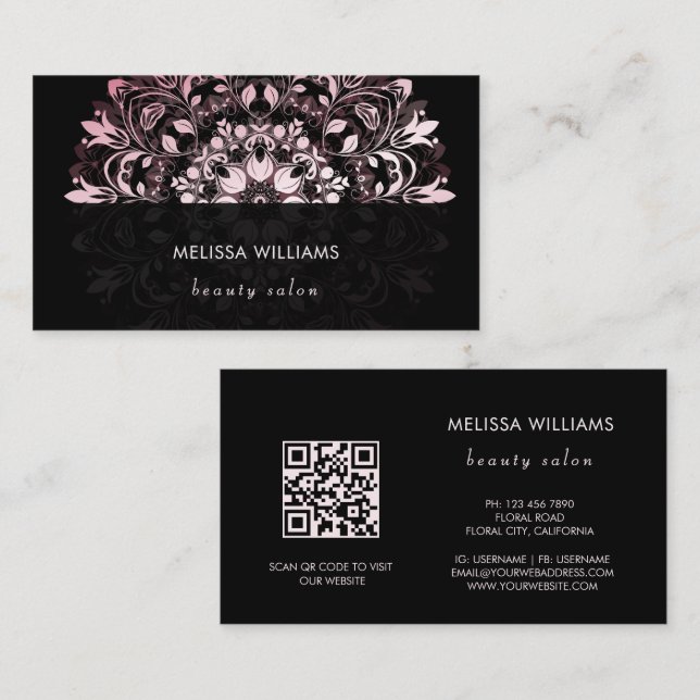 QR Code | Pink Shiny Black Floral Mandala Visitenkarte (Vorne/Hinten)