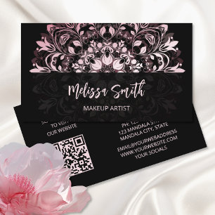 QR-Code Pink Shiny Black Floral Mandala Visitenkarte