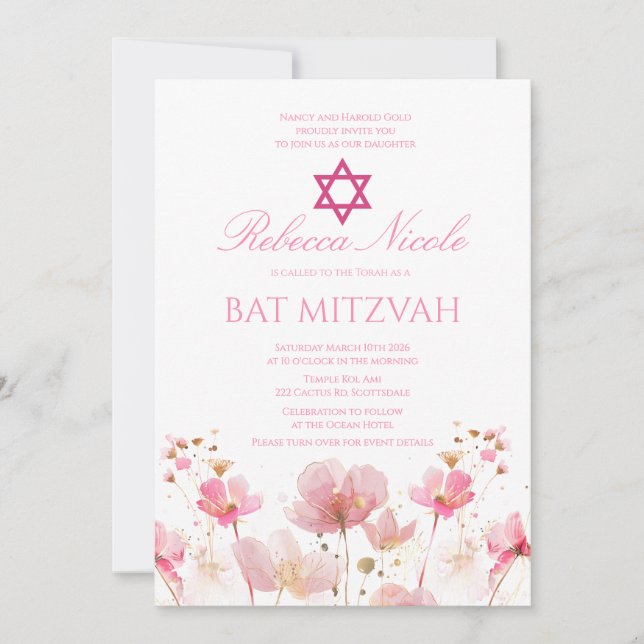 QR Code Pink Watercolor Floral Bat Mitzvah  Einladung (Vorderseite)