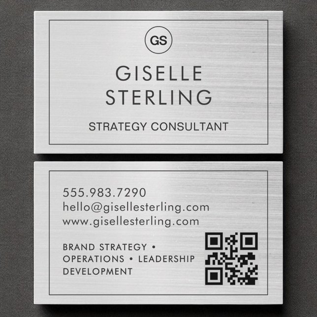 QR Code Pinsel Silver Monogram Modern Visitenkarte (Von Creator hochgeladen)