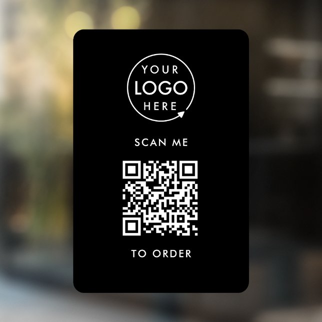 QR Code Place Order | Black Business Logo Fensteraufkleber (Interactive "scan to order" QR code window cling for restaurants, bars, cafes & hospitality events.)
