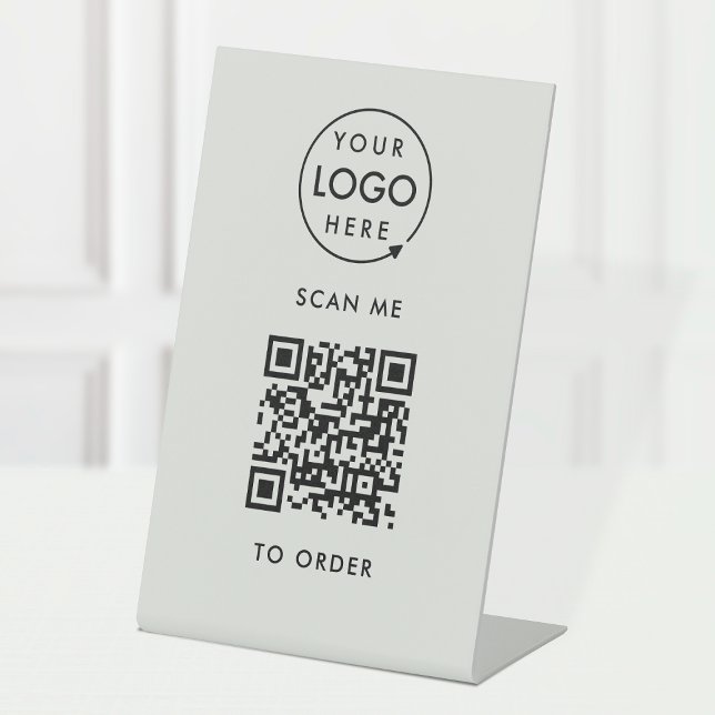 QR Code Place Order | Silver Gray Business Logo Sockelschild (Interactive "scan to order" QR code table signs for restaurants, bars, cafes & hospitality events.)