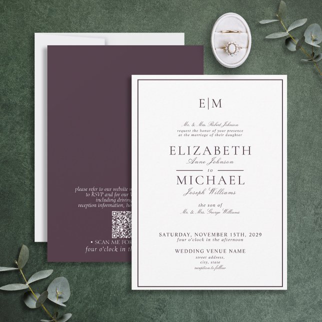 QR Code Plum Lila Classic Monogram Wedding Einladung (Von Creator hochgeladen)