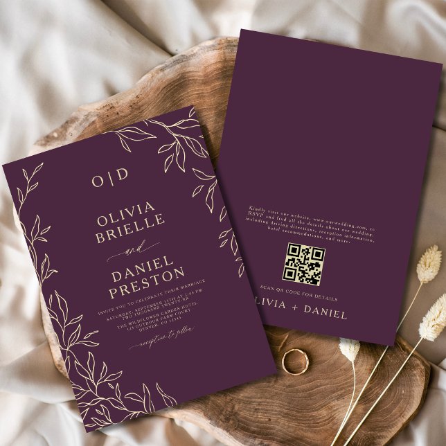 QR Code Plum Lila & Gold Minimal Leaf Wedding Einladung (Von Creator hochgeladen)