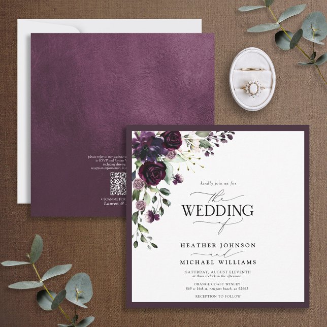 QR Code Plum Lila Mauve Floral Wasserfarbskript Einladung (Von Creator hochgeladen)