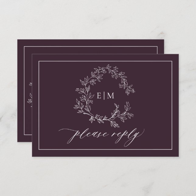 QR-Code Plum Lila Wappen Monogramm Hochzeit RSVP Karte (Vorne/Hinten)