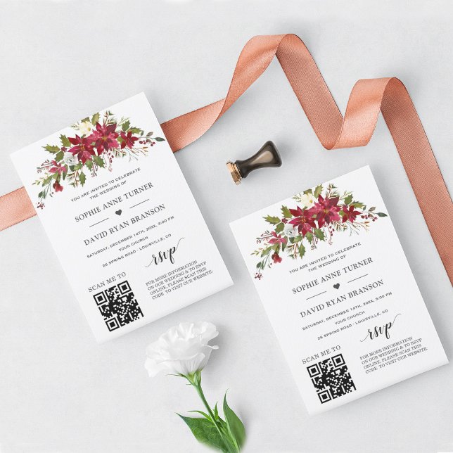 QR Code Poinsettia Floral Gold Wedding Einladung (Von Creator hochgeladen)
