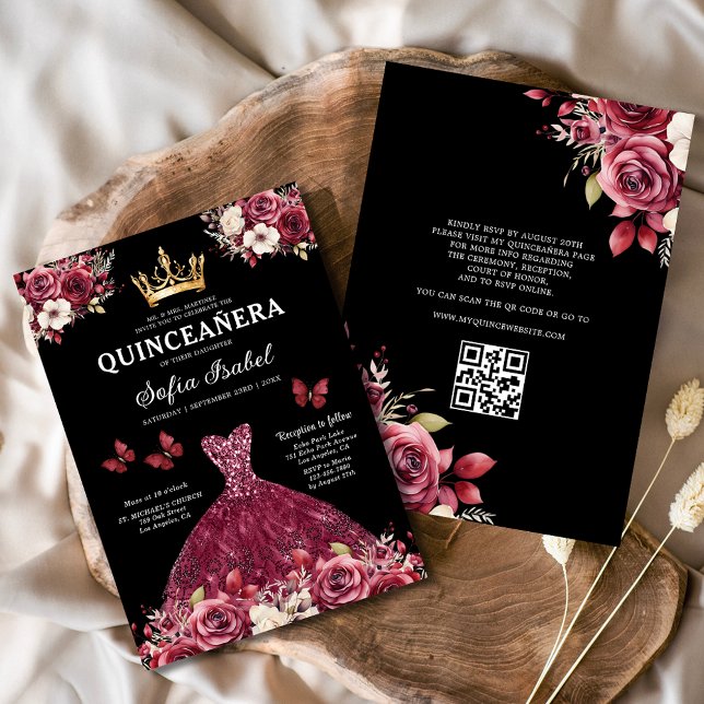 QR Code Quinceanera Bloral Burgundy Princess Einladung (Von Creator hochgeladen)