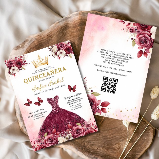 QR Code Quinceanera Bloral Burgundy Princess Einladung (Von Creator hochgeladen)