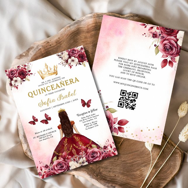QR Code Quinceanera Bloral Burgundy Princess Einladung (Von Creator hochgeladen)