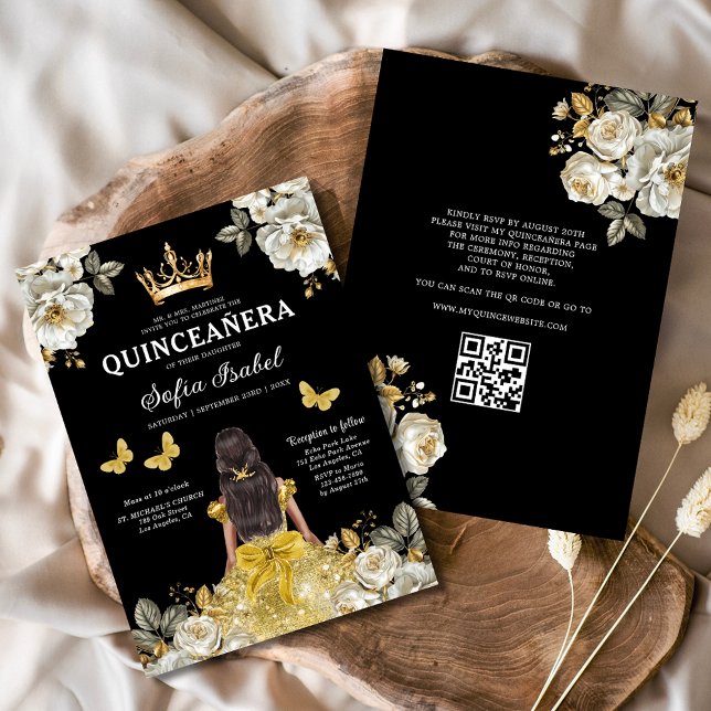 QR Code Quinceanera Bloral Gold Princess Einladung (Von Creator hochgeladen)