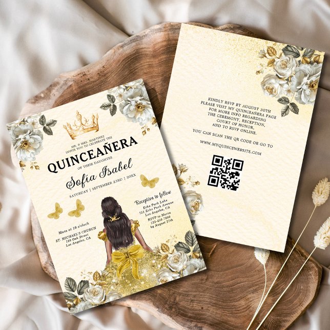 QR Code Quinceanera Bloral Gold Princess Einladung (Von Creator hochgeladen)