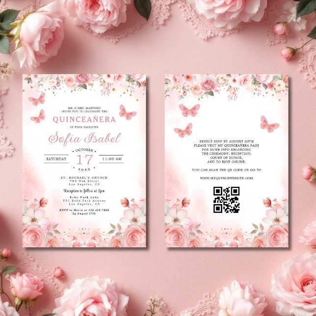 QR-Code Quinceañera Blush Pink Rosa Blume Einladung (Von Creator hochgeladen)