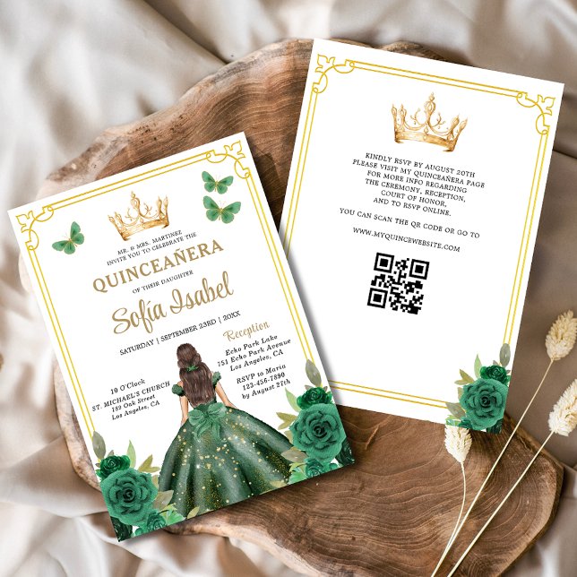 QR Code Quinceanera Floral Emerald Green Gold Einladung (Von Creator hochgeladen)