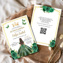 QR Code Quinceanera Floral Emerald Green Gold Einladung
