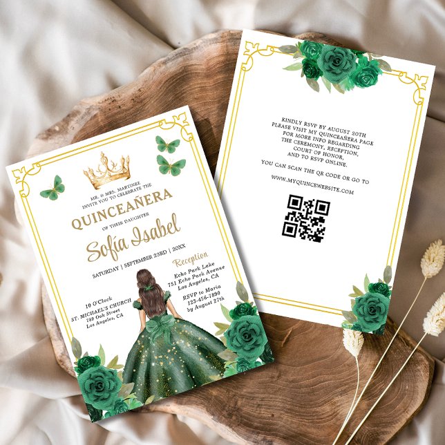 QR Code Quinceanera Floral Emerald Green Gold Einladung (Von Creator hochgeladen)