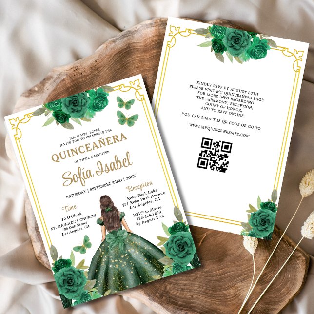 QR Code Quinceanera Floral Emerald Green Gold Einladung (Von Creator hochgeladen)