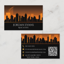 QR Code Real Anwesen City Skyline Orange und Black Visitenkarte