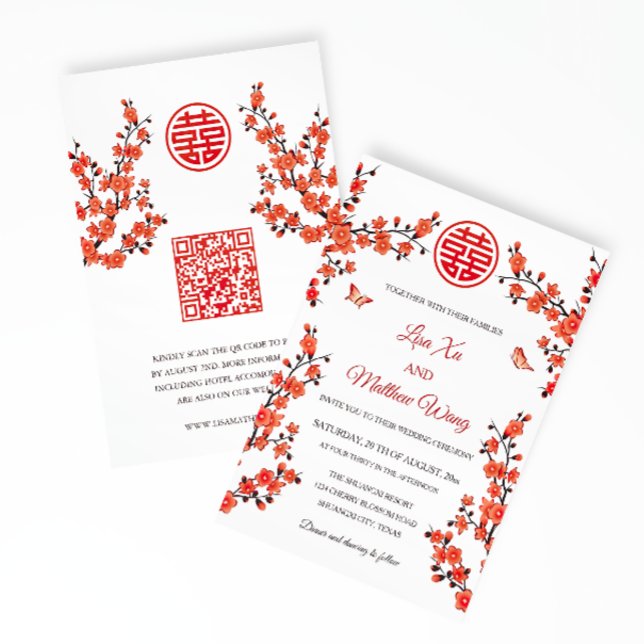 QR-Code | Red Cherry Blossom | Chinesische Hochzei Einladung (Von Creator hochgeladen)