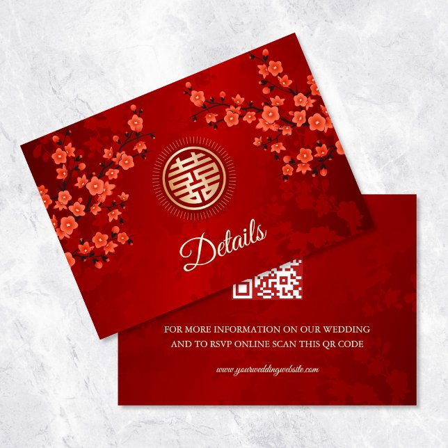 QR-Code | Red Cherry Blossom Chinesische Hochzeit Begleitkarte (Von Creator hochgeladen)