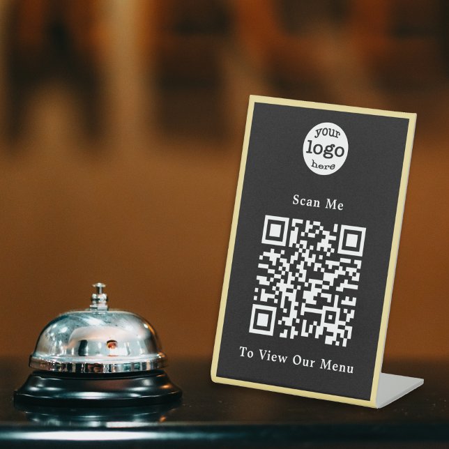 QR Code Restaurant Menü für das Schwarz-Weiß-Logo Sockelschild (Black and White Gold Logo QR Code Restaurant Menu Pedestal Sign)