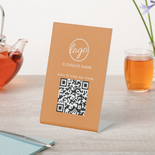 QR-Code-Restaurant-Menü Orange des Business-Logos Sockelschild