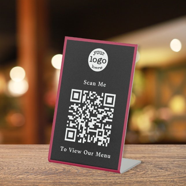 QR-Code-Restaurant mit dem QR-Logo in Schwarz und  Sockelschild (Black and White Burgundy Logo QR Code Restaurant Pedestal Sign)