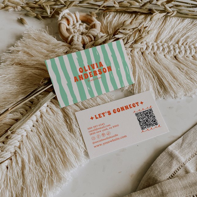 QR Code Retro Green Boho Groovy Einzigartiger Tren Visitenkarte (Von Creator hochgeladen)