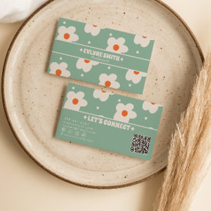 QR-Code Retro Grün Groovy Floral Boho Einzigartig  Visitenkarte