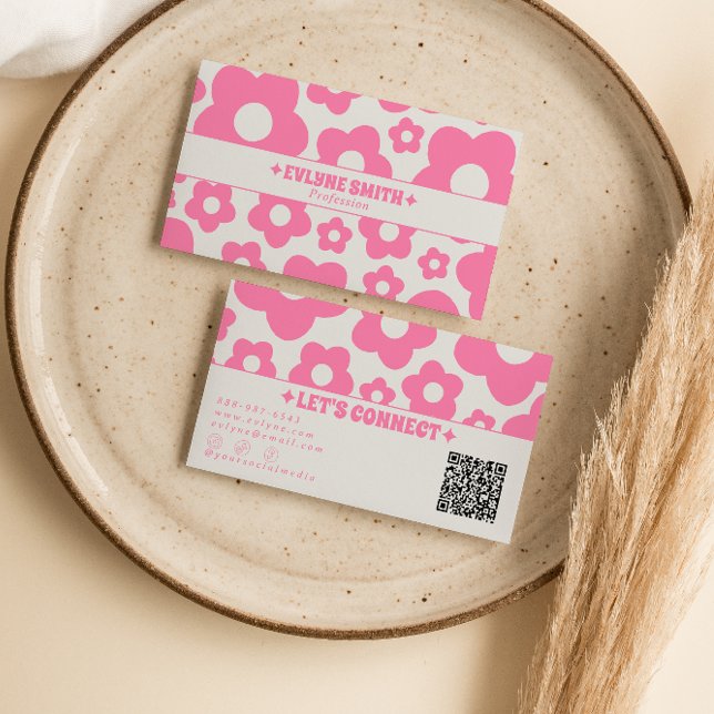 QR-Code Retro Rosa Groovy Floral Boho Mädchen Tren Visitenkarte (Von Creator hochgeladen)