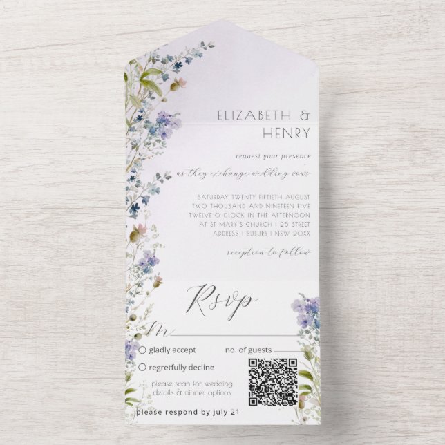 QR Code Romantische Wildblume All In One Einladung (Innen Boden)