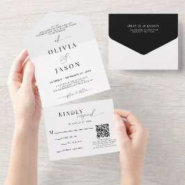QR-Code Romantisches Skript Schwarz-weiße Hochzeit All In One Einladung