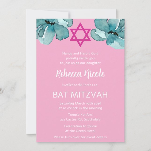 QR-Code Rosa Aquarell Floral Bat Mitzvah Einladung (Vorderseite)