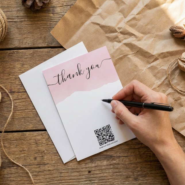 QR-Code rosa Aquarellfarbe Dank Einlegen Karte (QR code pink watercolor thank you insert card.)