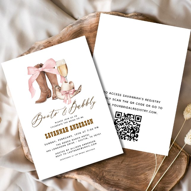 QR-Code Rosa Bow Boots & Bubbly Brautparty Einladung (Von Creator hochgeladen)