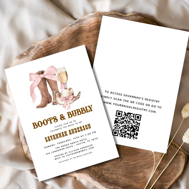 QR-Code Rosa Bow Boots & Bubbly Brautparty Einladung (Von Creator hochgeladen)