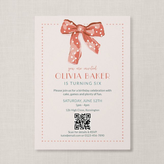 QR-Code Rosa Coquette-Schleife Mädchen Geburtstag Einladung (Heirloom Bow - Coquette themed QR code birthday invitation)