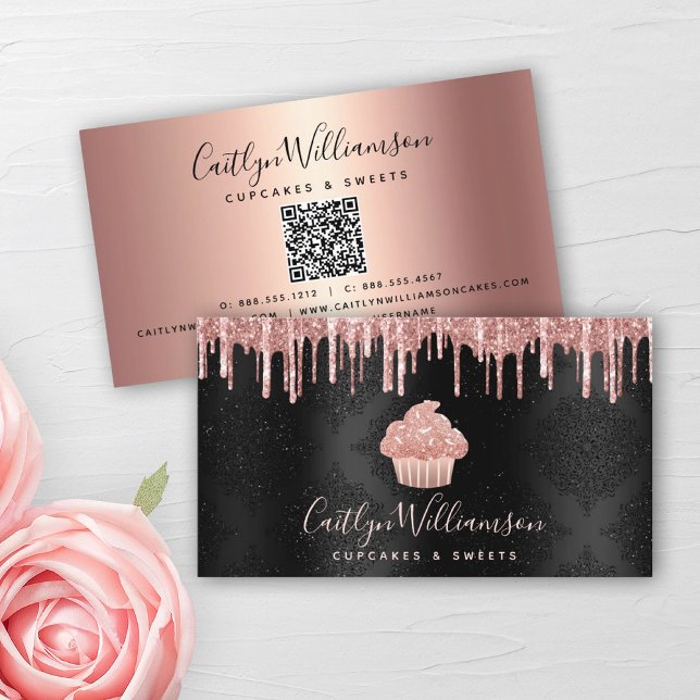 QR-Code Rosa Cupcake Glitzer Tropfen Bäckerei Schw Visitenkarte (Von Creator hochgeladen)
