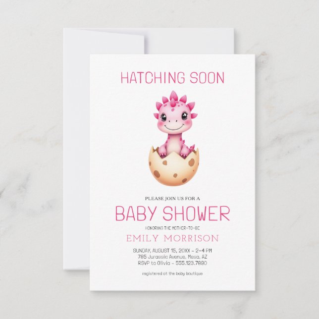 QR-Code Rosa Dinosaurier schlüpft bald Baby-Party Einladung (Vorderseite)