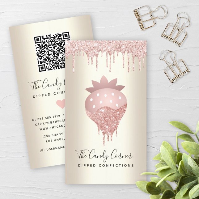 QR-Code Rosa Erdbeeren Glitzer Confection Gold Visitenkarte (Von Creator hochgeladen)