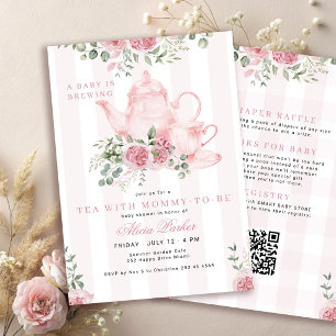 QR-Code rosa florale Teeparty Baby-Mädchen- Shower Einladung