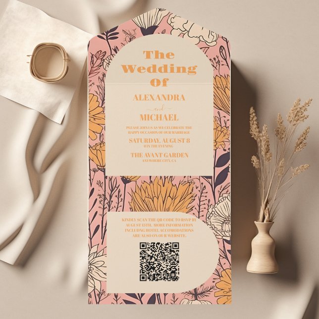 QR-Code Rosa Gelborange Wildblumen Hochzeit All In One Einladung (Von Creator hochgeladen)