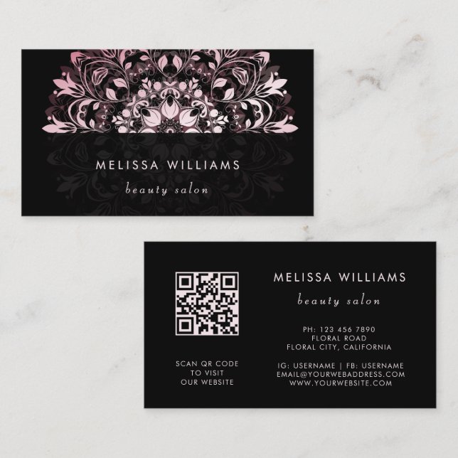 QR-Code | Rosa glänzendes schwarzes florales Manda Visitenkarte (Vorne/Hinten)